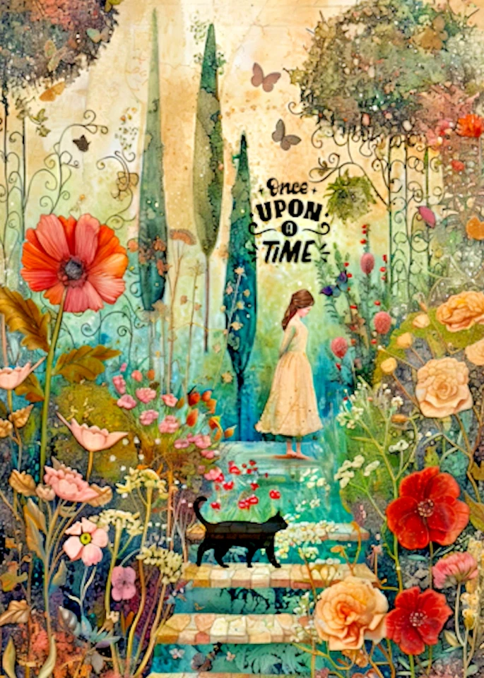 Fairy Tale ACEO - Tarjeta coleccionable de artista, niña con gato negro 2,5x3,5 ATC mini Foto 1 de 1