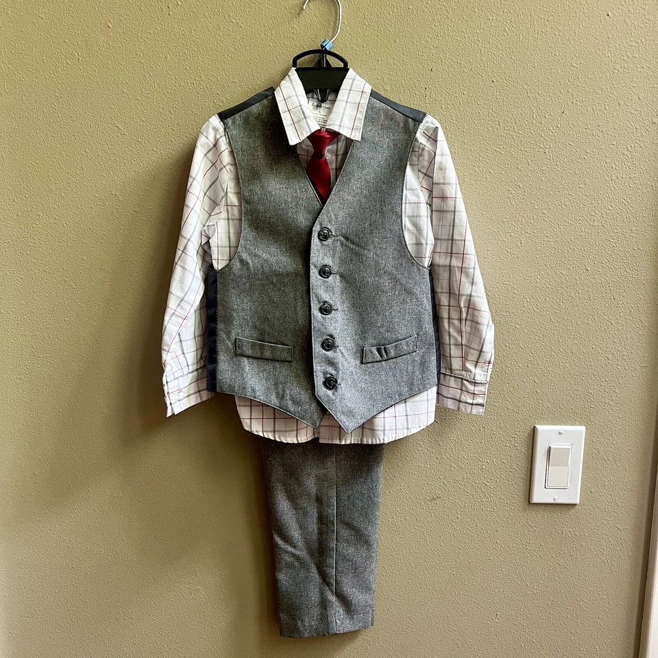 Calvin Klein 4 Pc Suite Set Boys Sz 5 Gray Red White Pants Best Tie Button Up - Image 1 of 4