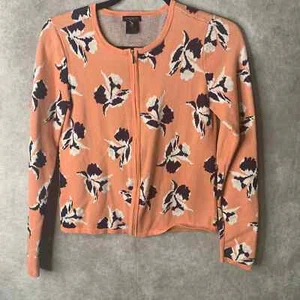 Ann Taylor Cardigan Sweater Womens XS Peach Floral Full Zip Long Sleeves Stretch - Picture 1 of 5