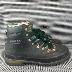 Vintage Raichle Mountaineering Hiking Boots 13 M Black Green Leather Switzerland - Picture 1 of 17
