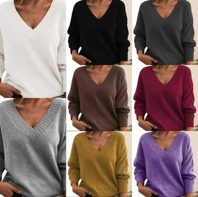 Women Ladies V Neck Long Sleeve Jumper Knit Top Loose Pullover Sweater SIZE 8-22 - Image 1 of 4