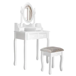 Vanity Wood Makeup Dressing Table Stool Set Jewelry Desk W/4 Drawer&Mirror White - Picture 1 of 12