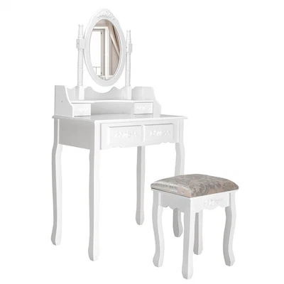 Vanity Wood Makeup Dressing Table Stool Set Jewelry Desk W/4 Drawer&Mirror White - Image 1 of 4