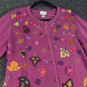 Womens BEREK  Beaded Sequin Embellished Leaf Autumn Leaves Cardigan Sweater L - Picture 1 of 10