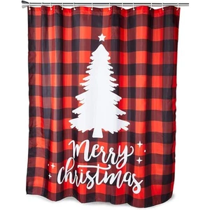 13-Piece Buffalo Plaid Merry Christmas Tree Shower Curtain Set with Hooks, 70... - Picture 1 of 9