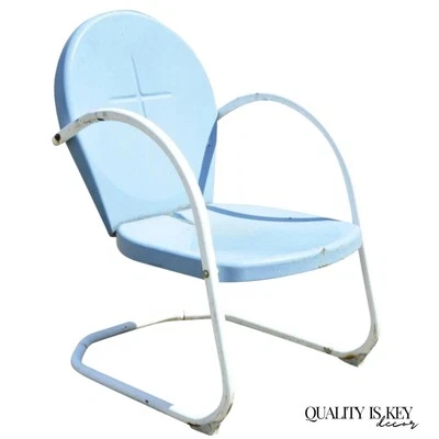 Antique Art Deco Steel Metal Vintage Blue Garden Patio Outdoor Lounge Chair - Image 1 of 4