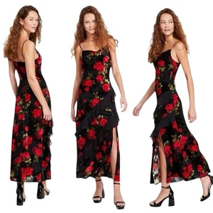 Maxi Vestido BCX Terciopelo Rosa Volantes Negro Rojo Floral L Terciopelo Burnout Nuevo sin Etiquetas - Imagen 1 de 9