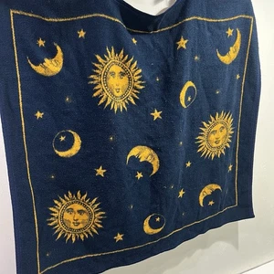 Vtg Biederlack Throw Celestial Reversible Sun Moon Stars 50" X 47" Blue Gold - Picture 1 of 11