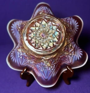 Antique 1911 Dugan "Ski Star" Carnival Blown Glass Bowl Peach Purple Opalescent - Picture 1 of 9
