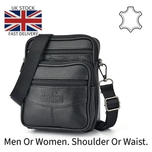REAL LEATHER TRAVEL WAIST SHOULDER BAG FOR MEN WOMEN IN BLACK - Picture 1 of 8