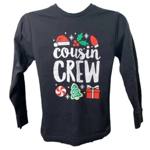 LIVE AND TELL Youth XL Black Long sleeve T-Shirt “Cousin Crew” Santa Hat Festive - Picture 1 of 2