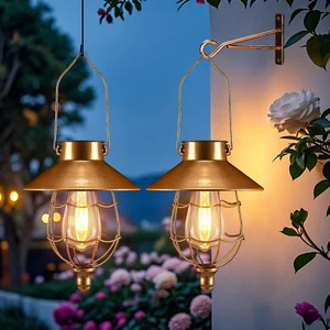 2 Pack Solar Lantern Outdoor Hanging Light Waterproof Metal Solar Lamp for Yard - Picture 1 of 12