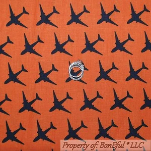 BonEful Fabric FQ Cotton Quilt Orange BLACK Airplane Air Force Men Fly Boy Plane - Picture 1 of 8