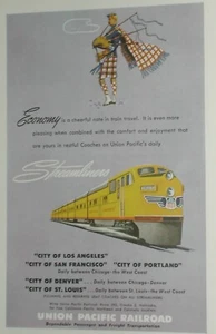 1950 UNION PACIFIC RAILROAD advertisement, U.P. Streamliner Scottish bagpiper - Picture 1 of 3