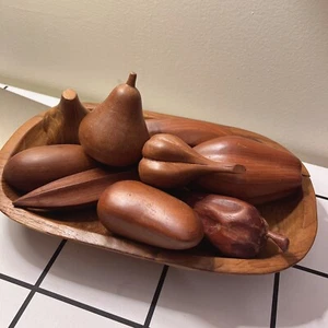 Vintage Wood Fruit Wooden MCM Banana Grapes 9pcs Decor Brown w plate - Picture 1 of 8