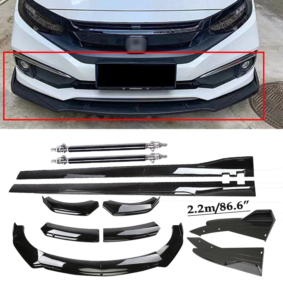 Front Bumper Lip Splitter Spoiler Side Skirt For Honda Civic 2016-2021 Glossy Foto 1 de 4