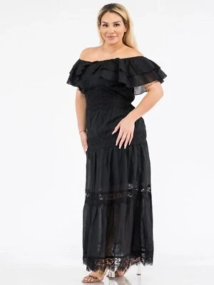 Maxi Vestido Para Mujer Talla Grande Negro Hombro Frío 1XL Encaje con Volantes Foto 1 de 2