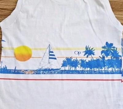 Camiseta sin mangas Ocean Pacific vintage años 80 vela puesta de sol playa surf para hombre talla pequeña Foto 1 de 4