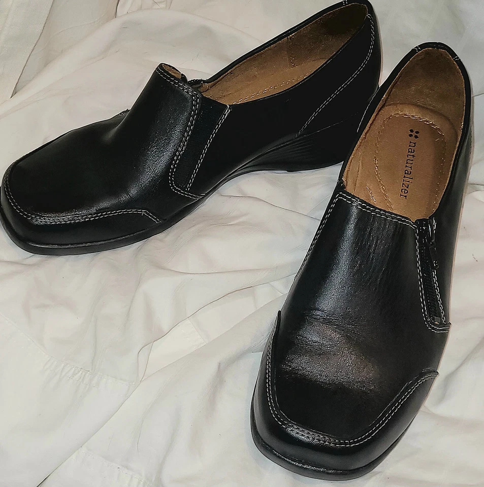 Naturalizer Slip On Loafer Shoes Women's 8.5M Aggie Black Leather Comfort Wedge - Image 1 of 4
