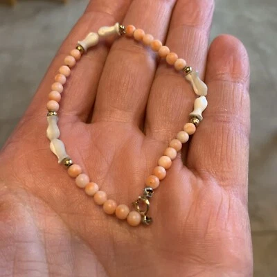 7» 14k желтое золото розовый коралл бусина браслет мать если жемчуг фетиш - Изображение 1 из 4