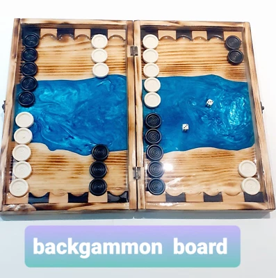 Handmade Backgammon board table,  wood and epoxy resin  40cm x 48cm (16"x19"). - Image 1 of 4