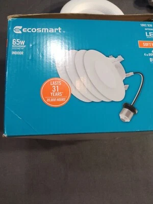 4 PACK  EcoSmart 65W LED 4 in. Downlight Dimmable - Soft White - Image 1 of 4
