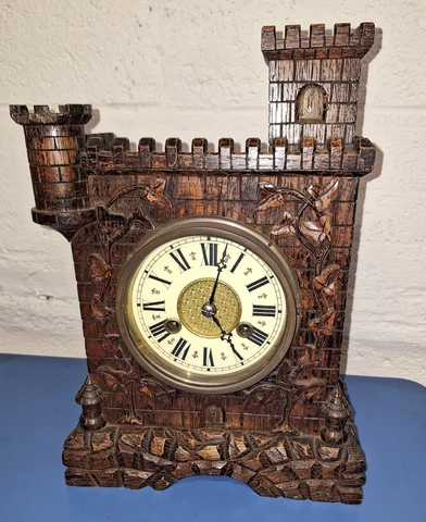 UNUSUAL ANTIQUE CASTLE GERMAN CHIME BRACKET MANTEL CLOCK WORKING 8 DAY + KEY Cover