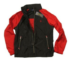 Polo Ralph Lauren Boys Black/Red Colorblock Windbreaker Stow-Away Hood Jacket