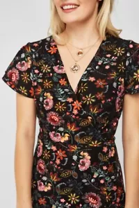 Womens Ladies V-Neck Wrap Dress with Tie & Short Frilled Sleeves in Black Floral - Picture 1 of 9