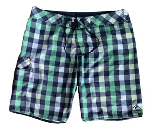 Quiksilver Plaid Swim Shorts Embroidered Logo Checkerboard Trunk Mens Size 38 - Picture 1 of 8