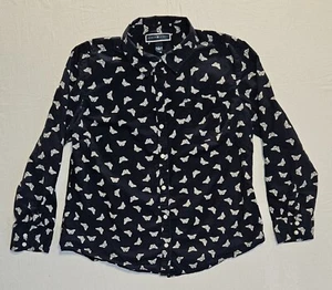 Karen Scott Navy Blue Top Butterflies Button Down Long Sleeve Roll Up Size Large - Picture 1 of 11