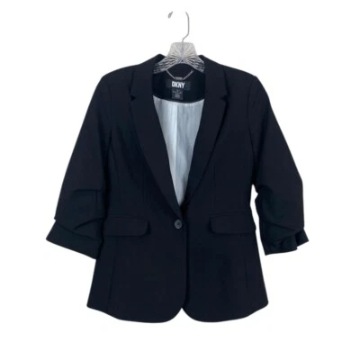 DKNY Women's Petite Madison Jacket Black 2P Ruched Sleeves One Button Office - Image 1 of 4