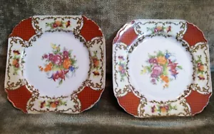 1940er Vintage Tashiro Shoten rot Blumen Quadrat handbemalt Wüstendeko Teller Japan - Bild 1 von 11