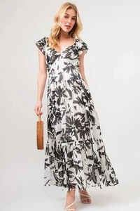 Romantic Floral Tiered Maxi Dress with Ruffled Sleeves for Elegant Occasions - Picture 1 of 8
