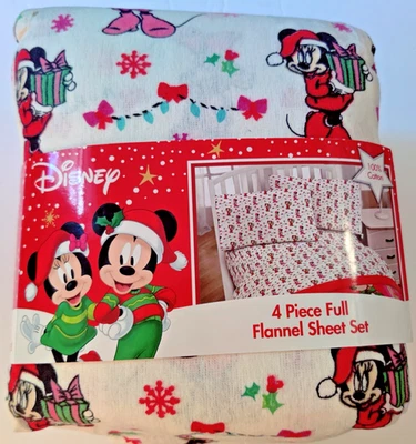 Disney Minnie Mouse Santa Hat Christmas Cotton Flannel Full Sheet Set NWT - Image 1 of 4