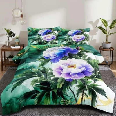 Juego de edredón floral verde reina púrpura reina (90" x 90") verde floral Cxm5353 Foto 1 de 4