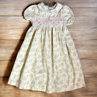 Laura Ashley Smocked Corduroy Dress Sage Green Pink Flowers Tie Back Little Girl - Image 1 of 4
