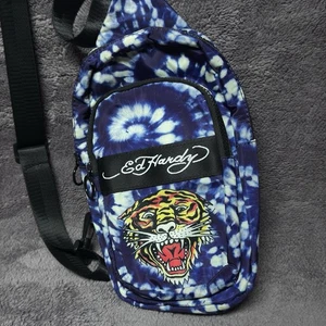 Ed Hardy Blue & White Tie Dye Nylon Crossbody Bag With Tiger On Front - Picture 1 of 8