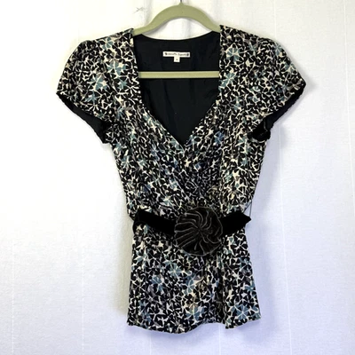 Nanette Lepore Silk Babydoll Top Womens Sz 8 Multicolor V-Neck Wrap Rosette Belt - Image 1 of 4