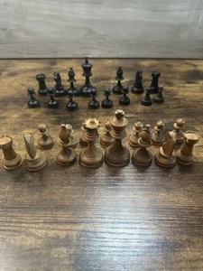 Hand-Carved Light & Dark Wooden Chess INCOMPLETE SET 30 Pc NO QUEEN NO BOARD - Picture 1 of 11