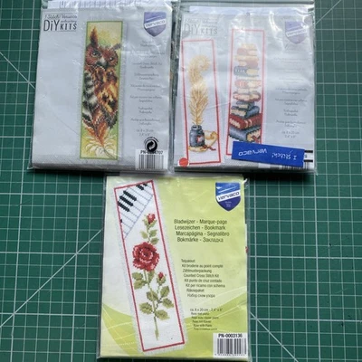 cross stitch kits x3 bookmarks Vervaco owl quill rose/piano Thread Aida 1 used. - Image 1 of 4