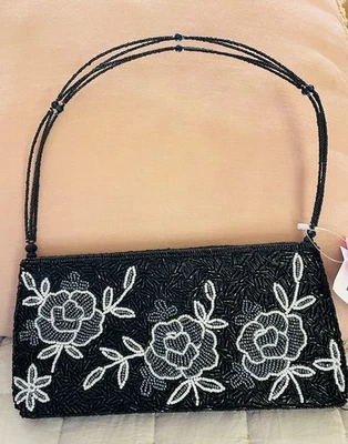 Elegante bolso de noche con cuentas a mano negro, gris, blanco cuentas de vidrio ¡Nuevo! Foto 1 de 4
