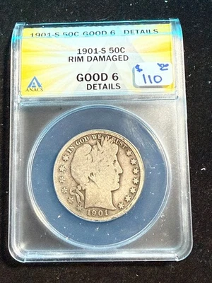 1901 S BARBER HEAD HALF DOLLAR ANACS G 6 DETAILS RIM DAMAGED - Image 1 of 4