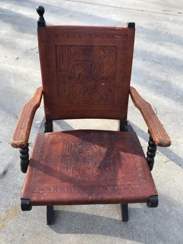 Antique Peruvian Aztec Embossed Leather Folding Arm Chair, Arts & Crafts Cover