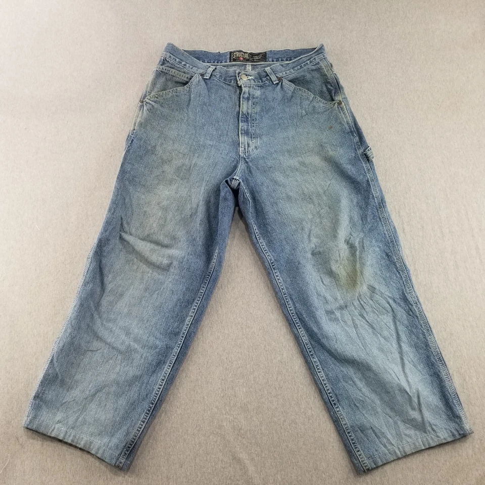 复古结构牛仔裤男式尺寸 33x32 木匠破损 100% 棉 — 第 1/4 张图片