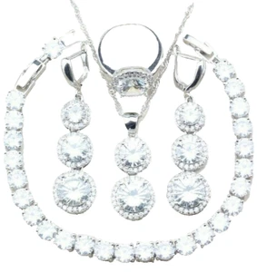 Jewellery Set Silver Pendant Necklace Earrings Bracelet CZ Crystal Set Jewelry - Picture 1 of 7