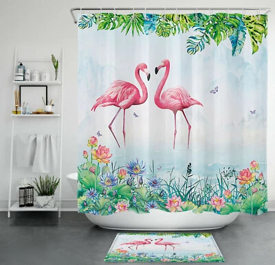 Summer Flamingo Butterfly Monstera Lotus Plant Waterproof Fabric Shower Curtain  - Image 1 of 4