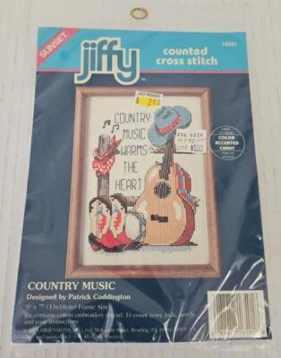 Country Music Counted Cross Stitch Kit JIFFY 5” X 7” Guitar, Cowboy Boots & Hat - Image 1 of 4