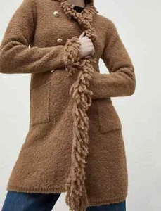 NWOT MARELLA Regina Boucle Knit Camel Brown Coat Fringe Patch Pockets Medium M - Picture 1 of 11