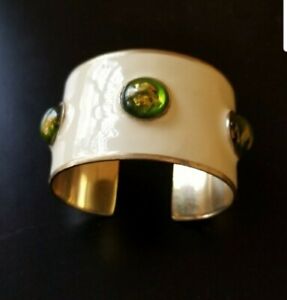 French-Enameled, Vintage Cuff Bracelet with lamp-work glass cabochon accents.